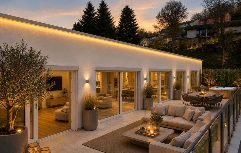 Beleuchtete Terrasse eines modernen Bungalows